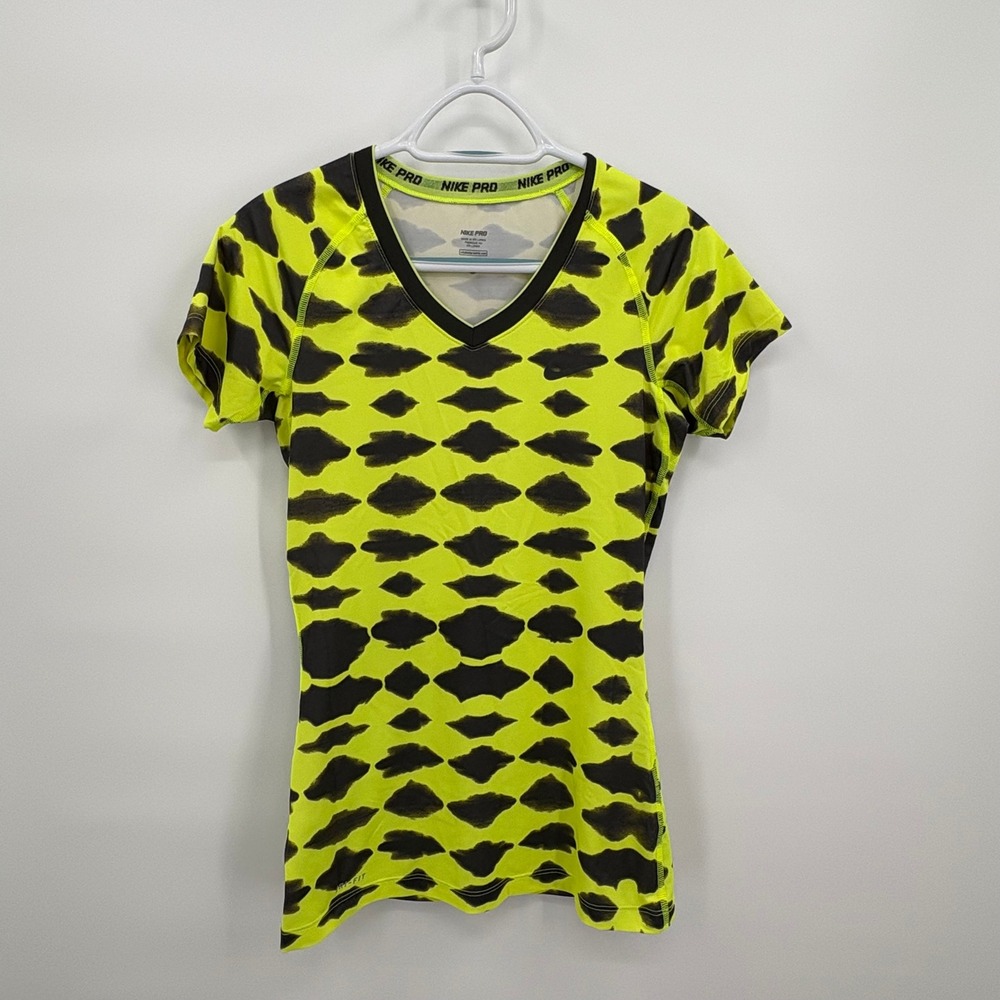 Nike Pro Womens Neon Yellow Black Abstract Print Dri-FIT V-Neck Shirt Small